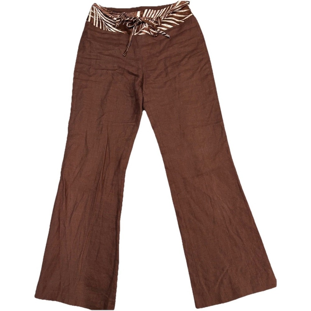 Bianca Nygard Brown 100% Linen Wide Leg Pants Palm Leaf Waist Trim Vintage SZ: 6